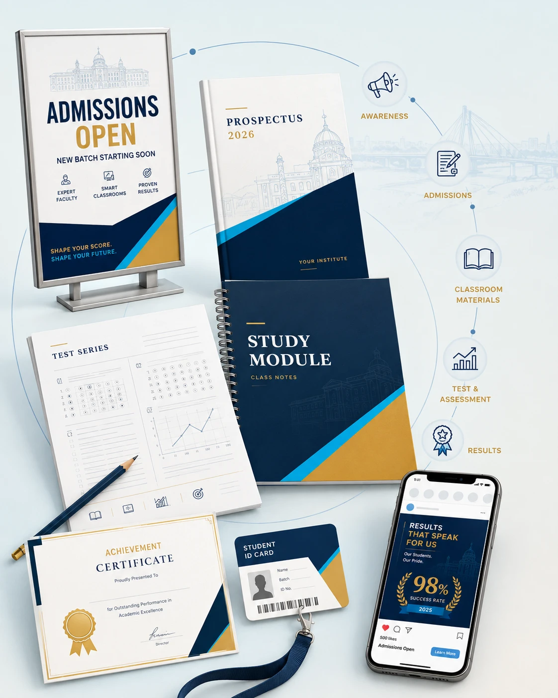 A coordinated coaching institute communication system across admission posters, prospectus, study modules, tests, certificates, student ID and social results
