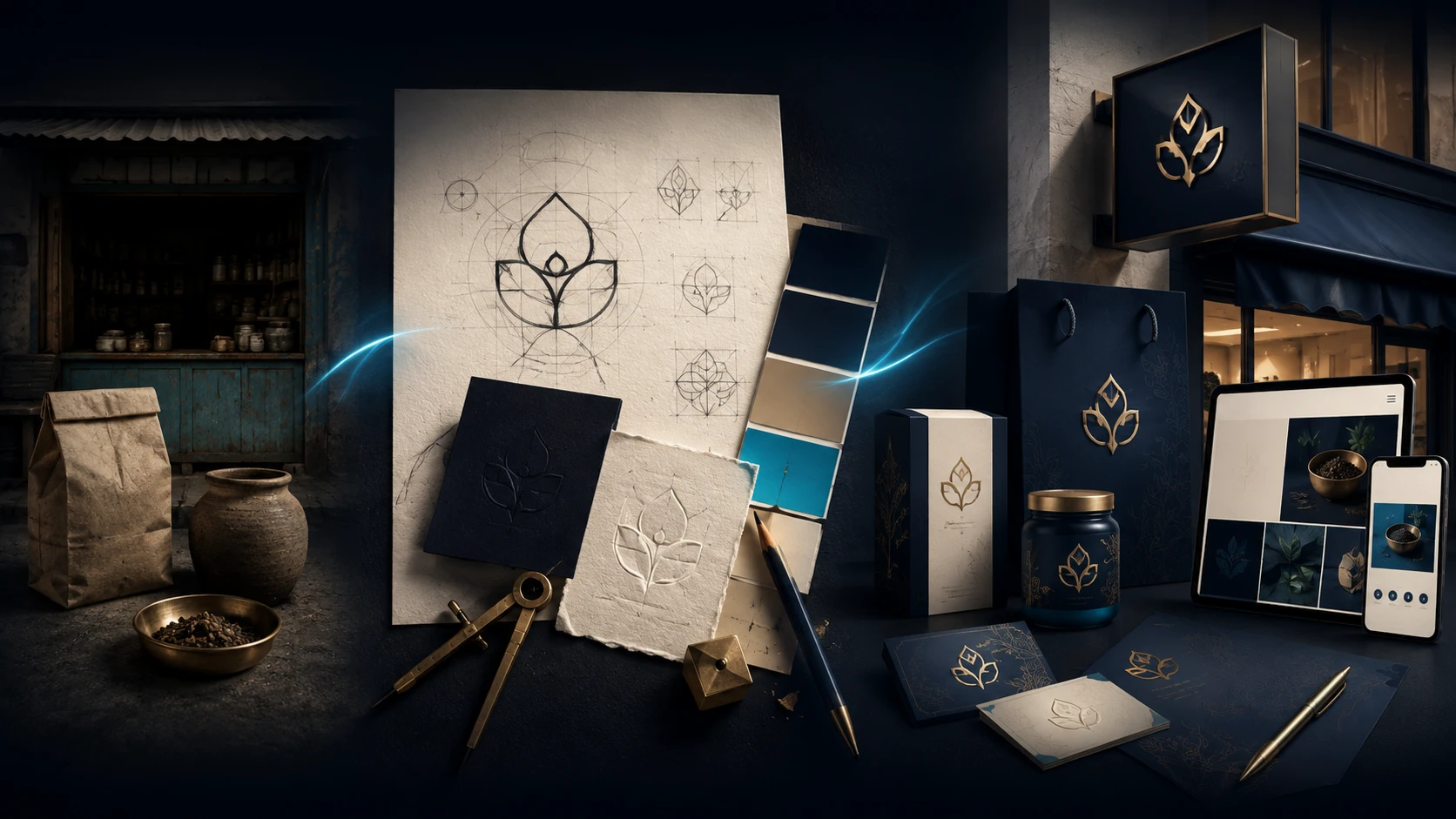 An Indian brand identity growing from logo sketches into packaging, signage and digital experiences